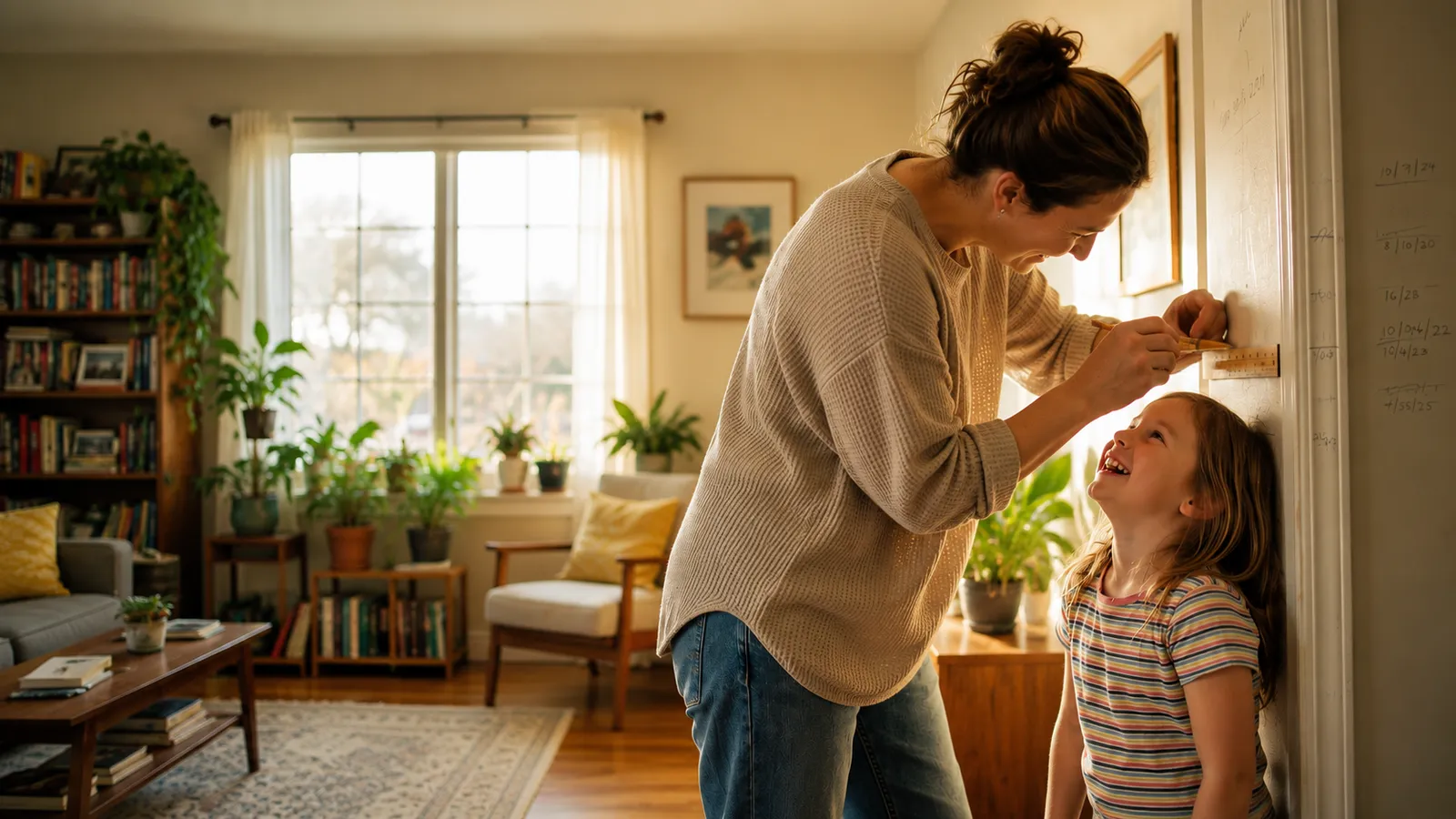 Parent measuring child on wall